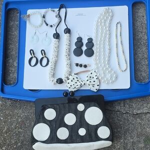 Lulu Guinness Black and White Clutch Bag W/ Matching Jewelry Set. All Included!